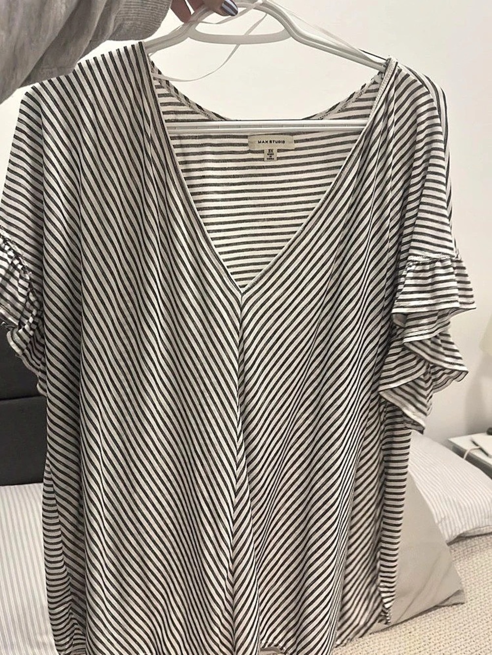 Striped Ruffle Sleeve Blouse in Black & White plus size